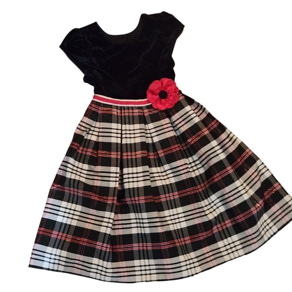 Jona Michelle Christmas Dress Size 6 Girls Black Velour Plaid Taffeta Skirt